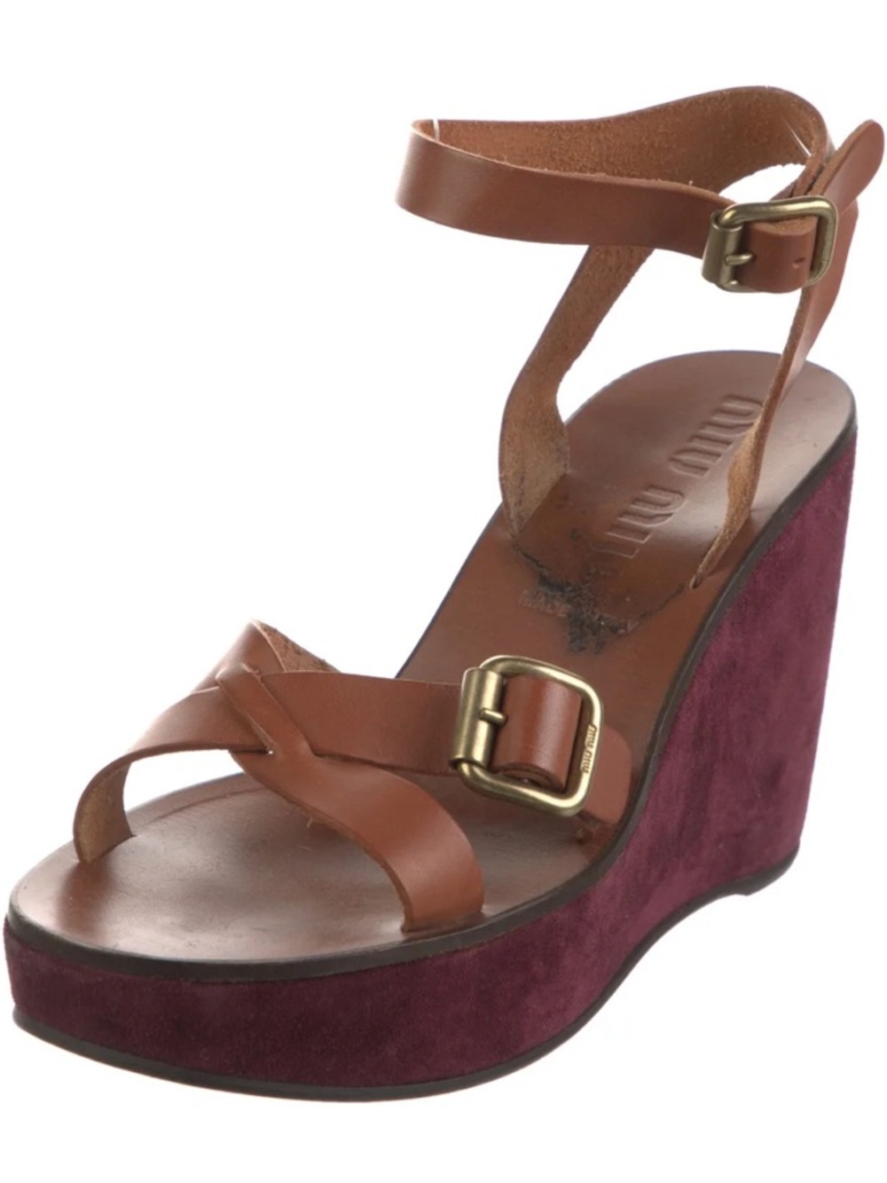 Miu Miu Brown Leather Ankle-Strap Wedge with Burgundy Suede Platform